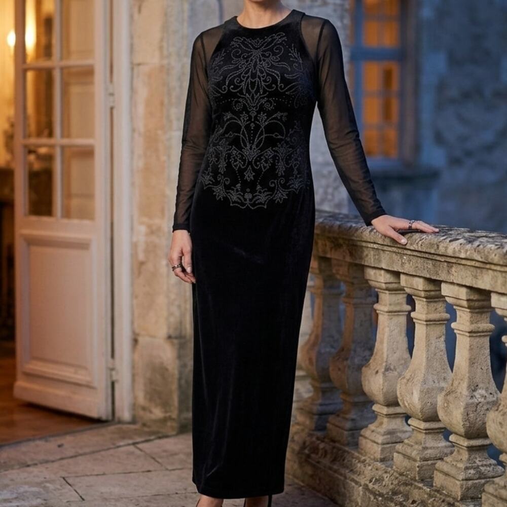 Robbie Bee Vintage Velvet embroidered beaded high neck maxi dress evening gown